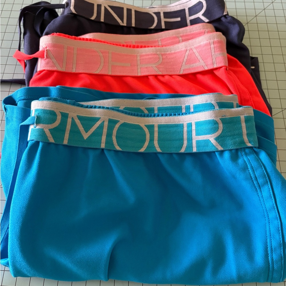 Set of 3 Under Armour Women's Shorts - Black, Coral, Blue. Size Large.